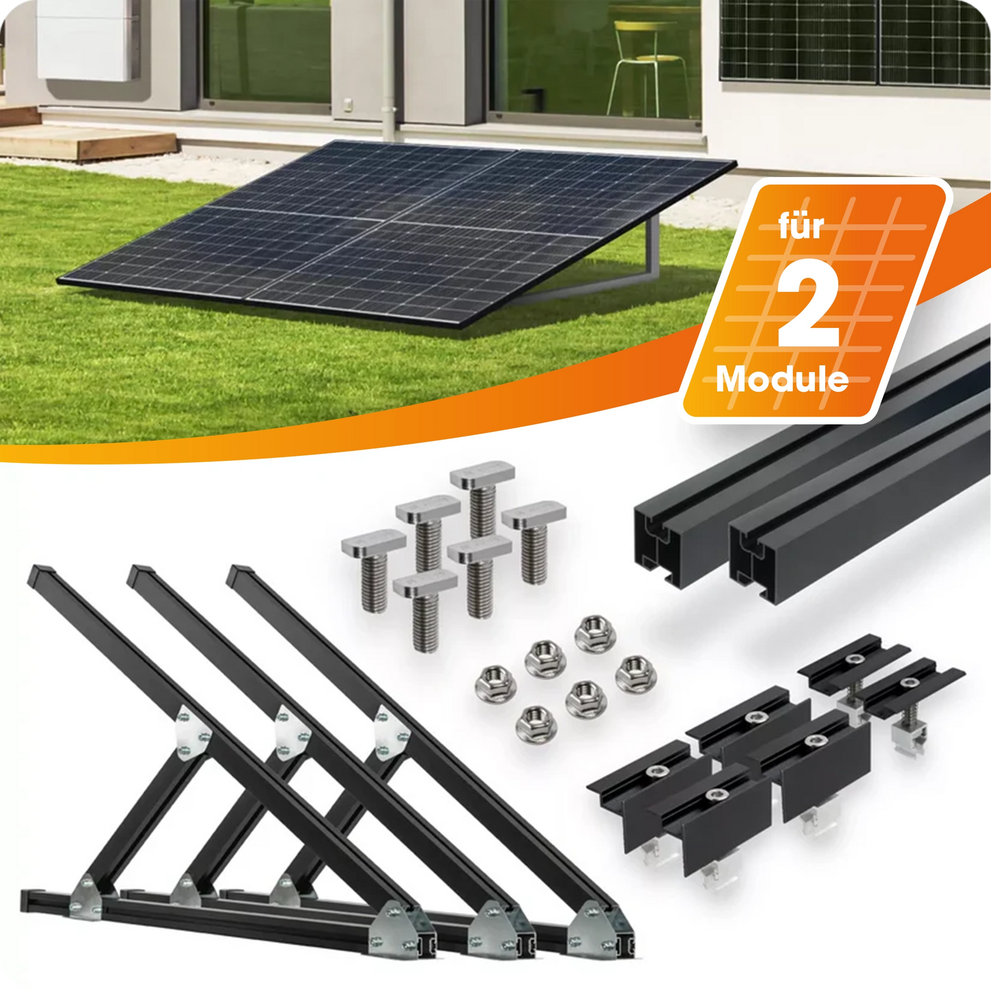SCHWARZES Flachdach- und Wand Montageset für 2 Module senkrechte Montage Photovoltaik Balkonkraftwerk Aufständerungsdreiecke - 30mm Modulrahmenhöhe