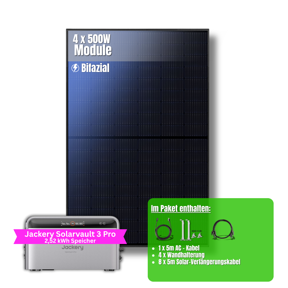 2000W Balkonkraftwerk Jackery mit 2,52kWh Speicher ( 4 x 500w Module + 2,52kWh Speicher Solarvault 3 Pro)