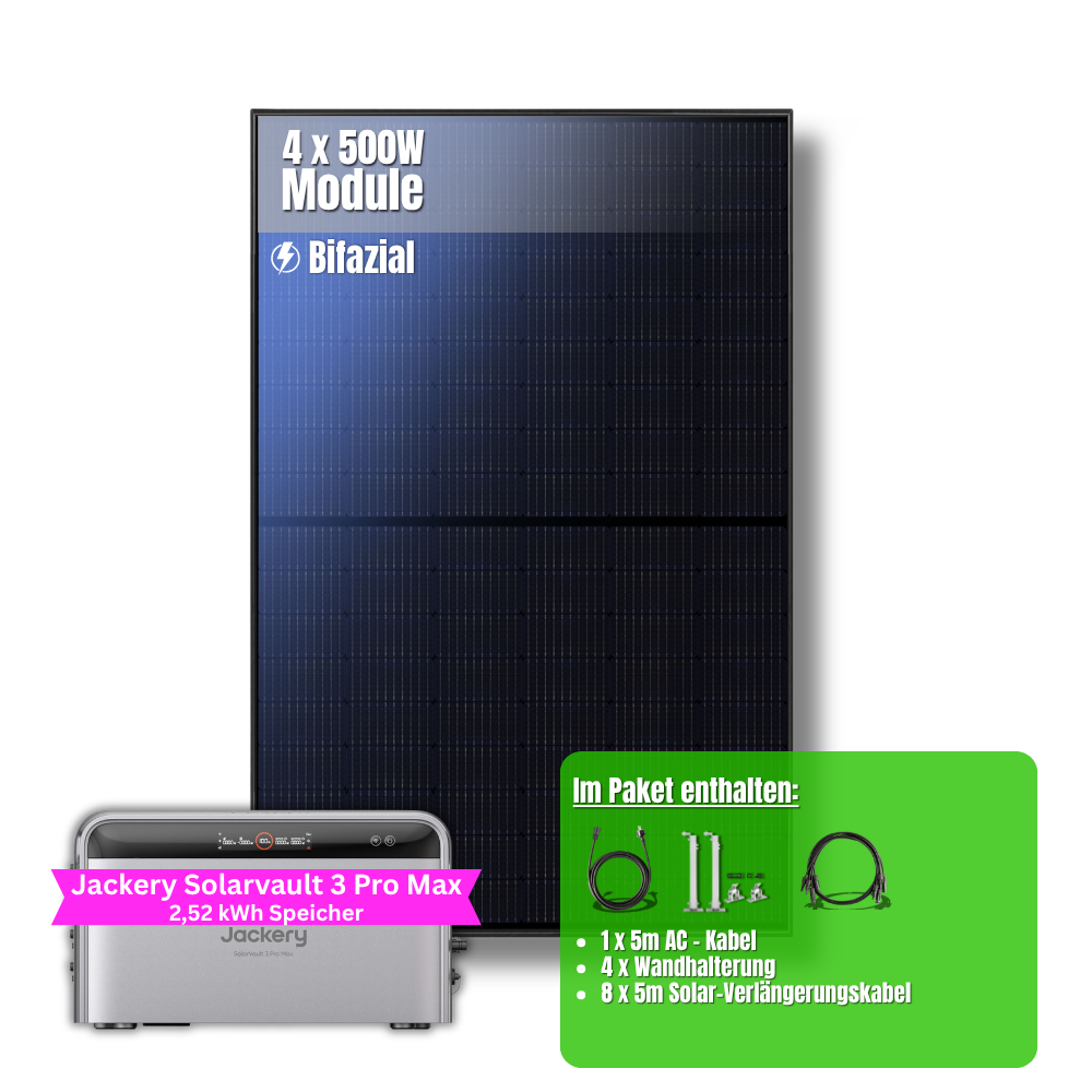 2000W Balkonkraftwerk Jackery mit 2,52kWh Speicher ( 4 x 500w Module + 2,52kWh Speicher Solarvault 3 Pro Max)