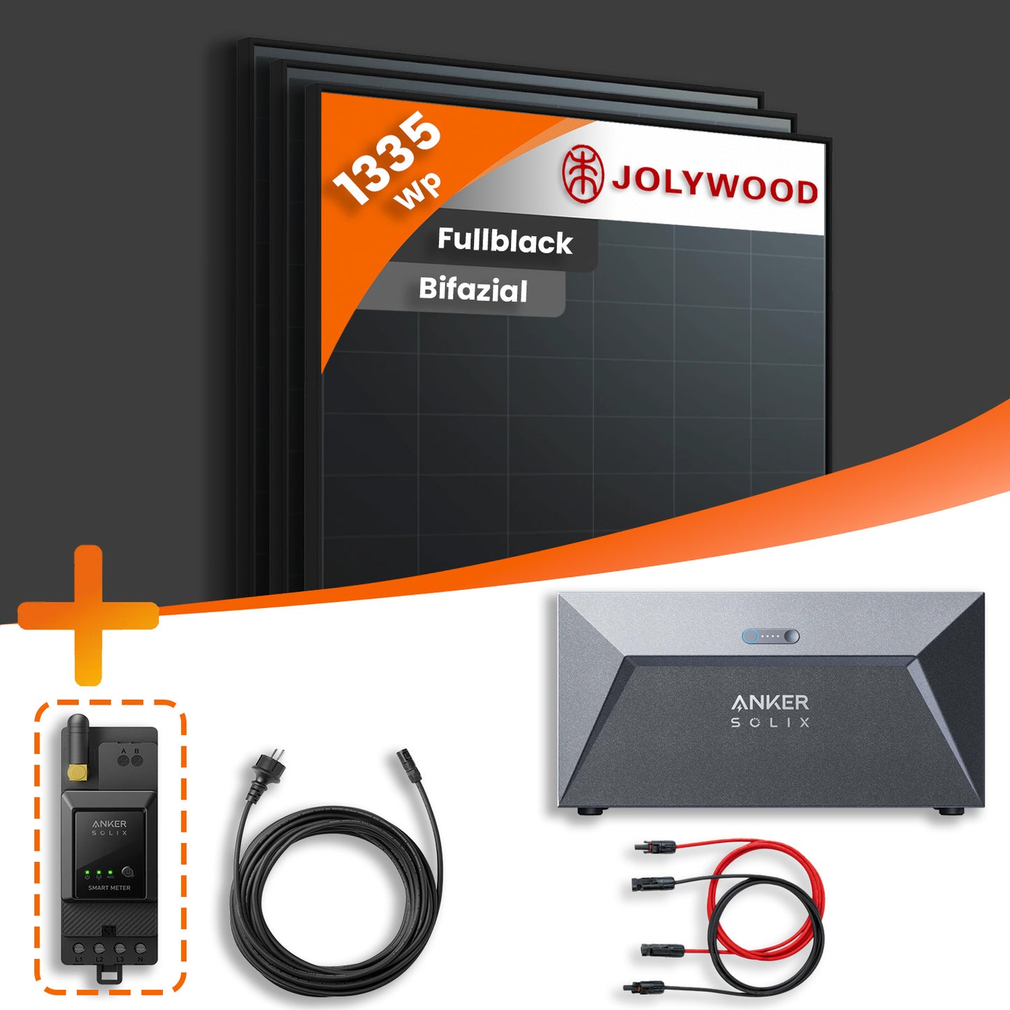 Balkonkraftwerk 1335Wp 3x Jolywood Bifazial Fullblack 445Wp mit Anker SOLIX 1,6 kWh Speicher