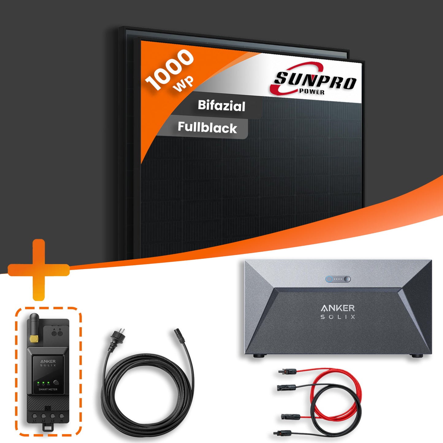 Balkonkraftwerk 1000Wp 2x Sunpro Bifazial Fullblack 500Wp mit Anker SOLIX 1,6 kWh Speicher