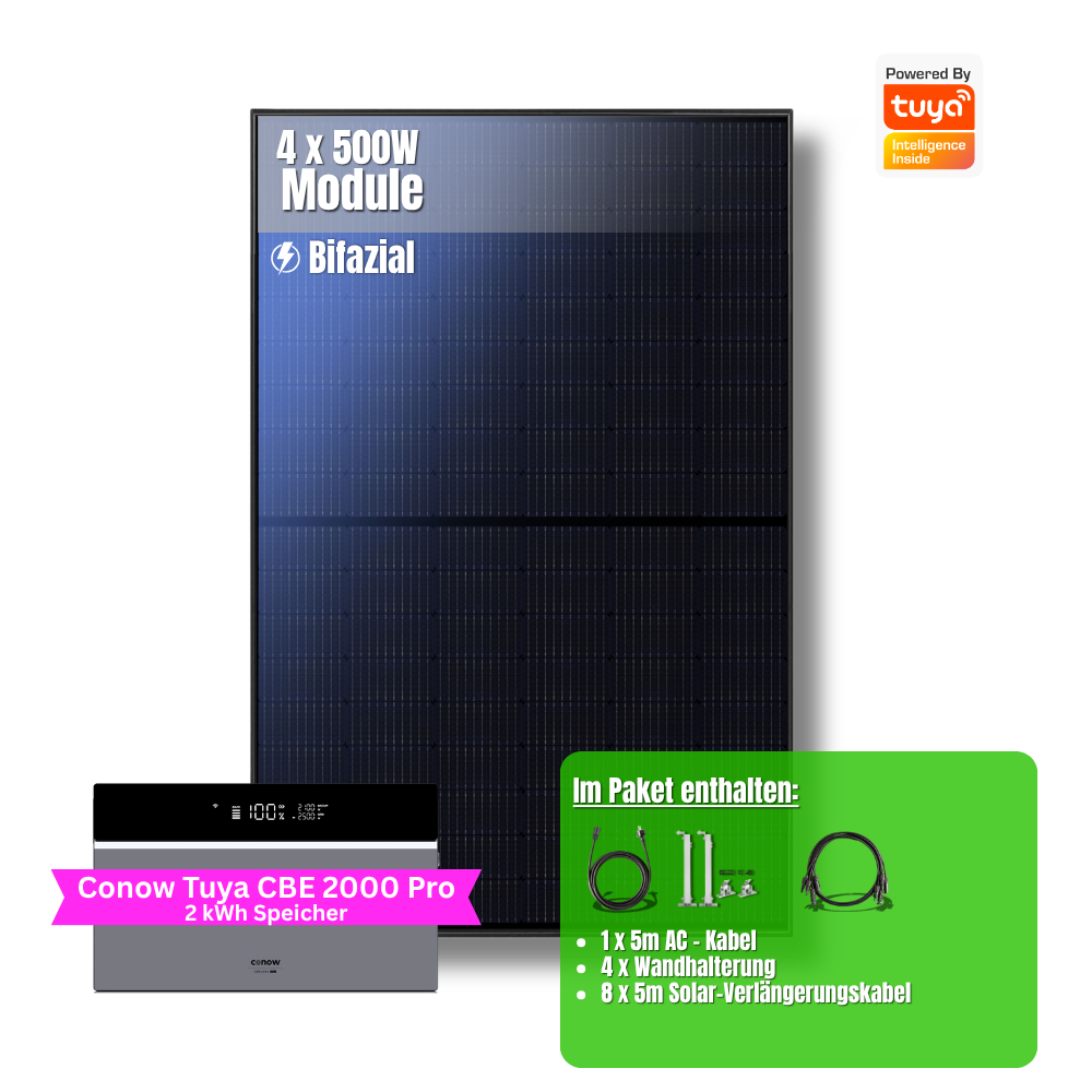 2000W Balkonkraftwerk Tuya mit 2kWh Speicher (4 x 500w Module + 2kWh Speicher CBE 2000 Pro)
