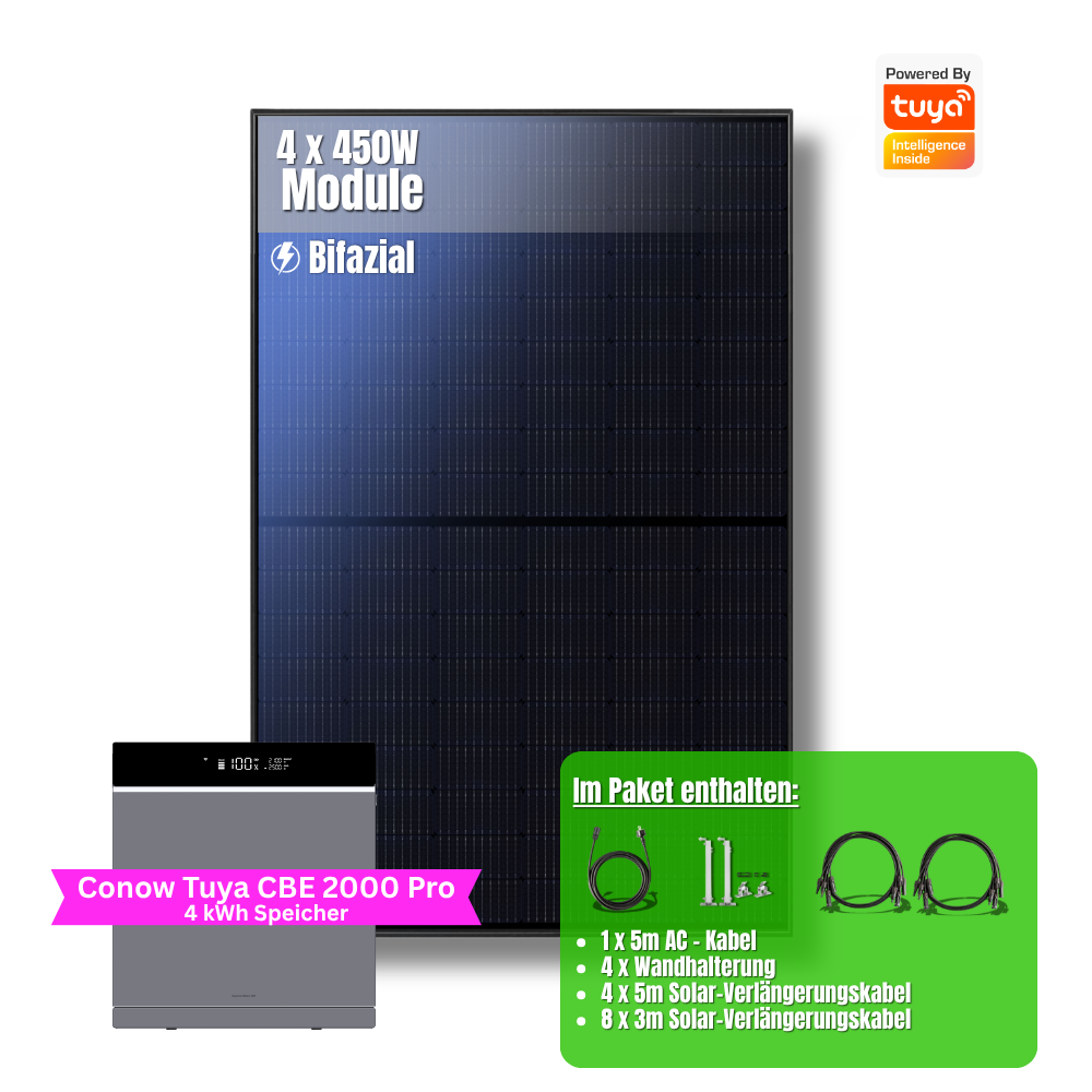 1800W Balkonkraftwerk Tuya mit 4kWh Speicher (4 x 450w Module + 2kwh Speicher CBE 2000 Pro + 2kWh Zusatzakku)