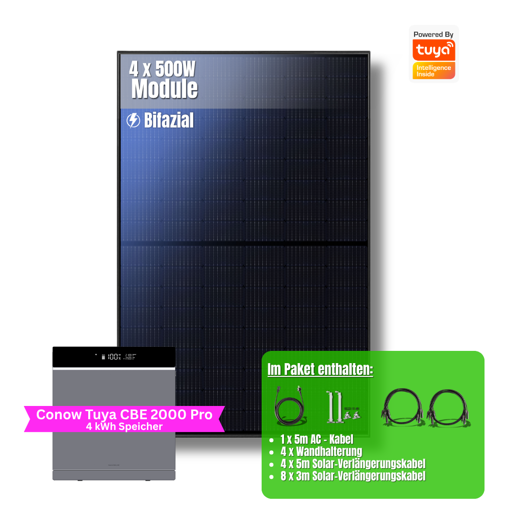 2000W Balkonkraftwerk Tuya mit 4kWh Speicher (4 x 500w Module + 2kwh Speicher CBE 2000 Pro + 2kWh Zusatzakku)