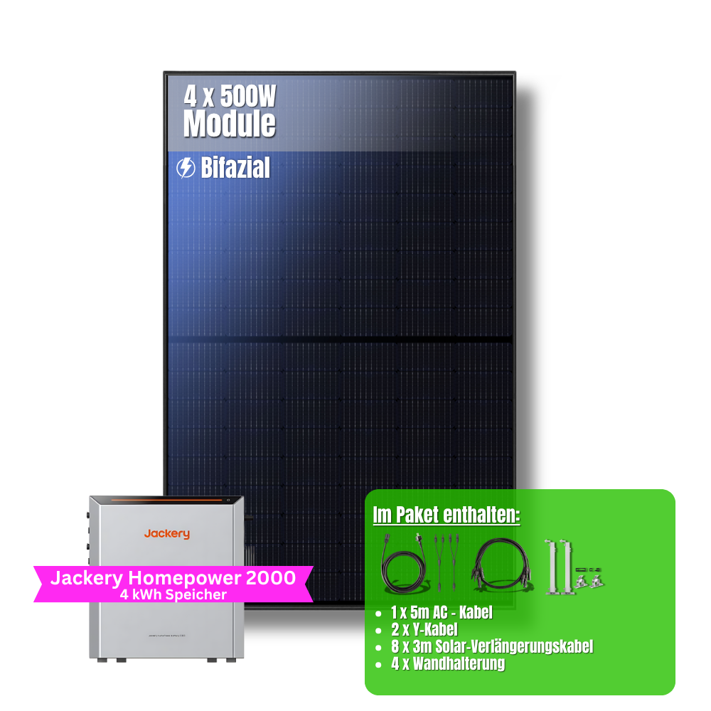 2000W Balkonkraftwerk Jackery mit 4kWh Speicher (4 x 500w Module + 2kWh Jackery Homepower 2000 Speicher + 1 x 2kWh Zusatzspeicher)