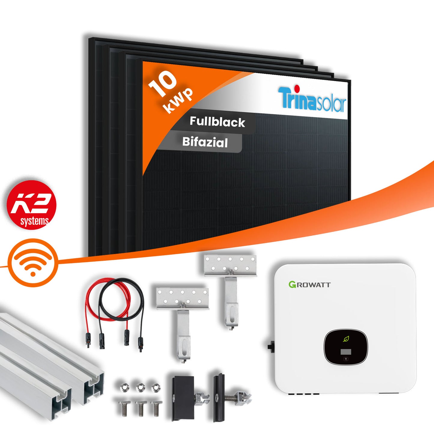 PV Komplettpaket Growatt 10KW Trina Vertex S+ 445W Bifazial Fullblack mit K2- Schrägdachmontage