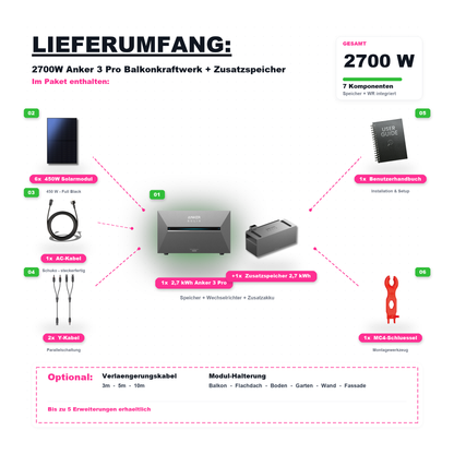 2700W Balkonkraftwerk Anker mit 5,4kWh Speicher (6 x 450w Module + 2,69kWh Anker SOLIX Solarbank 3 Pro + 2,69kWh Zusatzspeicher)