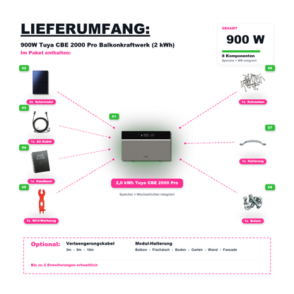 900W Balkonkraftwerk Tuya mit 2kWh Speicher (2 x 450w Module + 2kWh Speicher CBE 2000 Pro)
