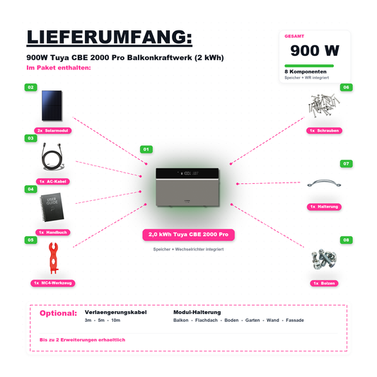 900W Balkonkraftwerk Tuya mit 2kWh Speicher (2 x 450w Module + 2kWh Speicher CBE 2000 Pro)