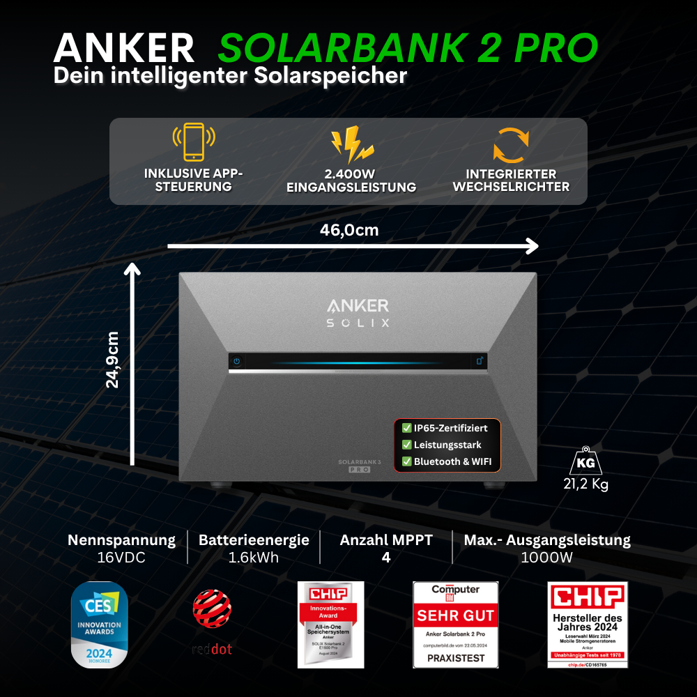 1800W Balkonkraftwerk Anker mit 1,6kWh Speicher (4 x 450w Module + 1,6kWh Anker SOLIX Solarbank 2 Pro)