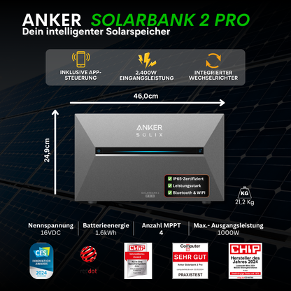 1800W Balkonkraftwerk Anker mit 1,6kWh Speicher (4 x 450w Module + 1,6kWh Anker SOLIX Solarbank 2 Pro)
