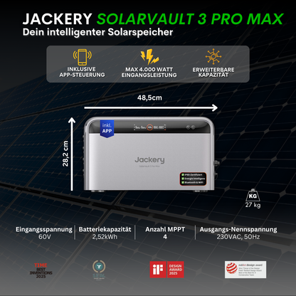 2000W Balkonkraftwerk Jackery mit 2,52kWh Speicher ( 4 x 500w Module + 2,52kWh Speicher Solarvault 3 Pro Max)