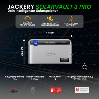 2000W Balkonkraftwerk Jackery mit 2,52kWh Speicher ( 4 x 500w Module + 2,52kWh Speicher Solarvault 3 Pro)