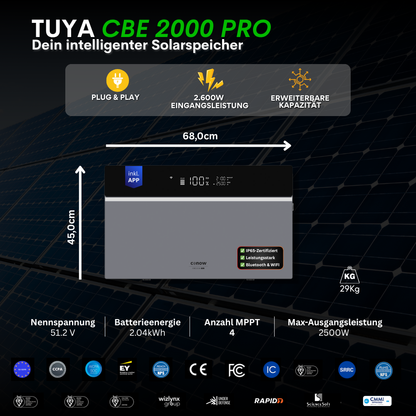 2000W Balkonkraftwerk Tuya mit 7kWh Speicher (4 x 500w Module + 2kwh Speicher CBE 2000 Pro + 5kWh Zusatzakku)