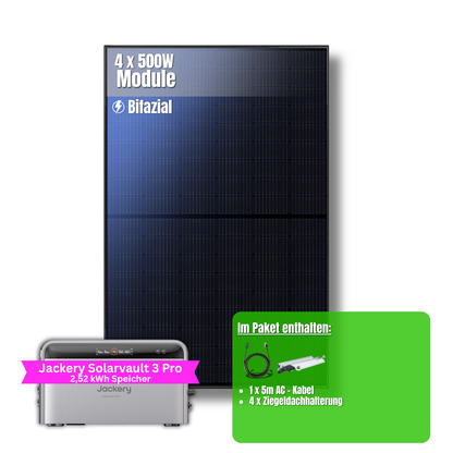 2000W Balkonkraftwerk Jackery mit 2,52kWh Speicher ( 4 x 500w Module + 2,52kWh Speicher Solarvault 3 Pro)