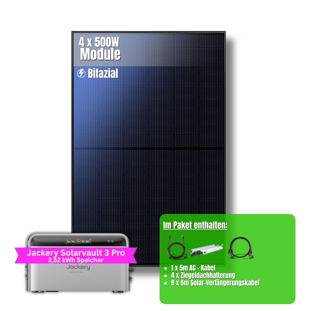 2000W Balkonkraftwerk Jackery mit 2,52kWh Speicher ( 4 x 500w Module + 2,52kWh Speicher Solarvault 3 Pro)