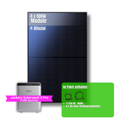 2000W Balkonkraftwerk Jackery mit 5kWh Speicher ( 4 x 500w Module + 2,52kWh Speicher Solarvault 3 Pro + 2,52kWh Zusatzspeicher)