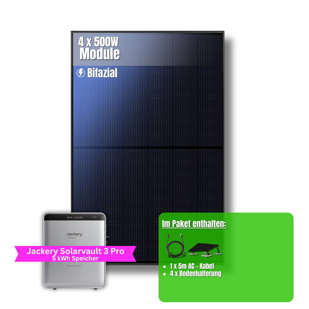 2000W Balkonkraftwerk Jackery mit 5kWh Speicher ( 4 x 500w Module + 2,52kWh Speicher Solarvault 3 Pro + 2,52kWh Zusatzspeicher)
