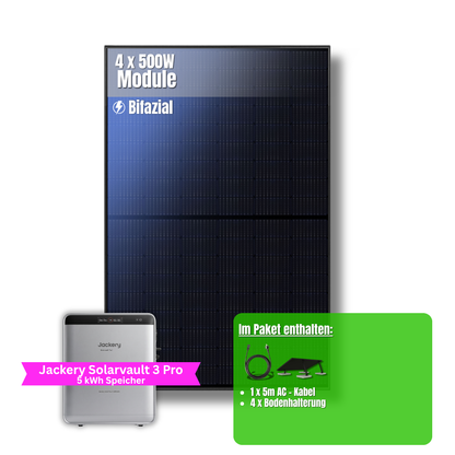 2000W Balkonkraftwerk Jackery mit 5kWh Speicher ( 4 x 500w Module + 2,52kWh Speicher Solarvault 3 Pro + 2,52kWh Zusatzspeicher)