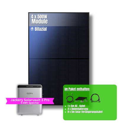 2000W Balkonkraftwerk Jackery mit 5kWh Speicher ( 4 x 500w Module + 2,52kWh Speicher Solarvault 3 Pro + 2,52kWh Zusatzspeicher)
