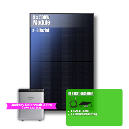 2000W Balkonkraftwerk Jackery mit 5kWh Speicher ( 4 x 500w Module + 2,52kWh Speicher Solarvault 3 Pro + 2,52kWh Zusatzspeicher)
