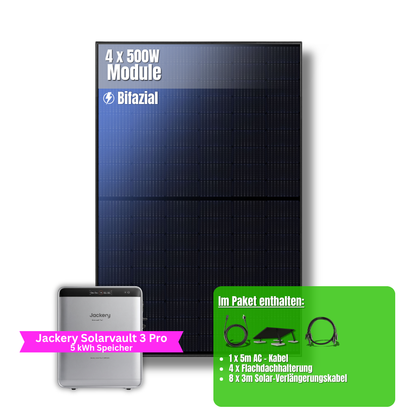 2000W Balkonkraftwerk Jackery mit 5kWh Speicher ( 4 x 500w Module + 2,52kWh Speicher Solarvault 3 Pro + 2,52kWh Zusatzspeicher)