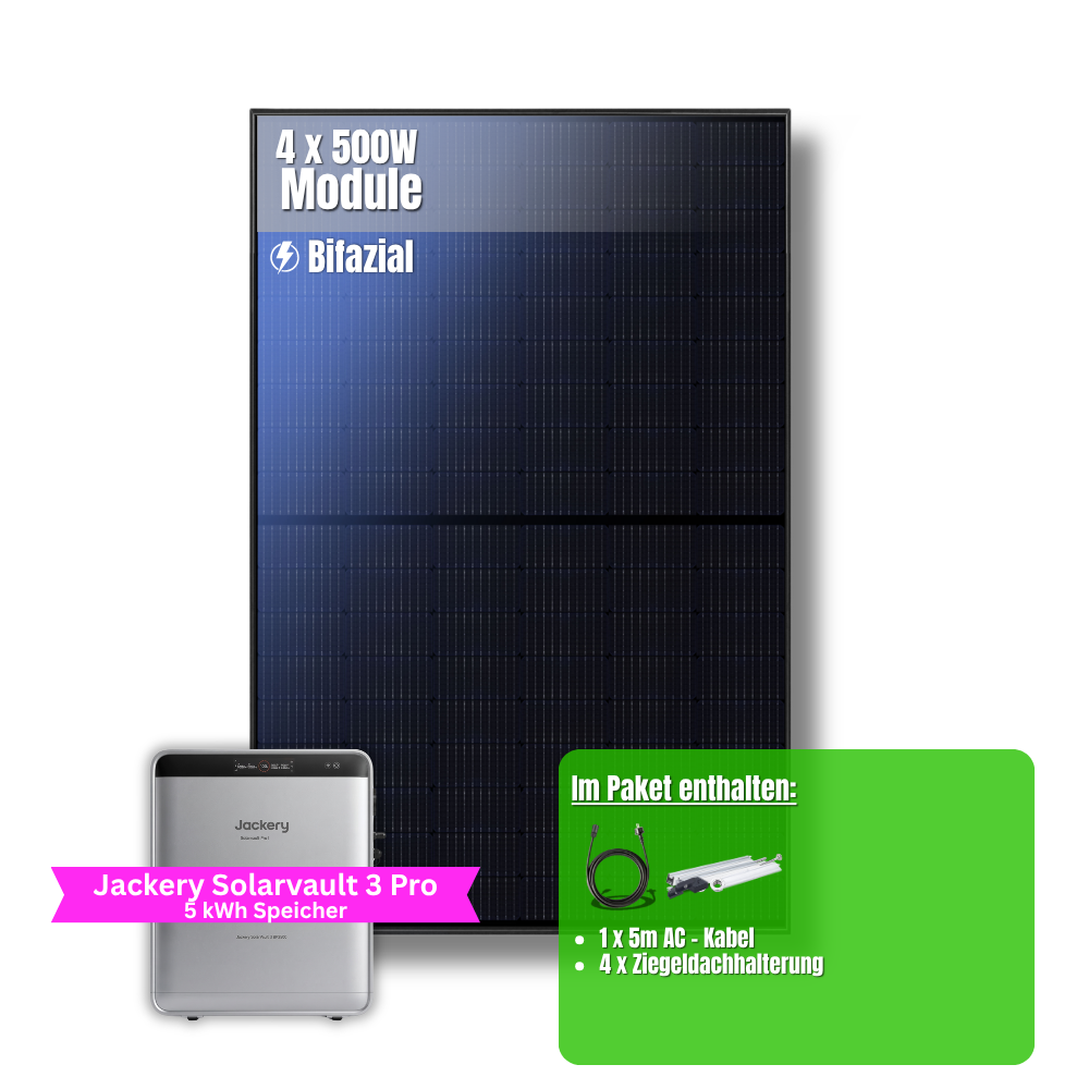 2000W Balkonkraftwerk Jackery mit 5kWh Speicher ( 4 x 500w Module + 2,52kWh Speicher Solarvault 3 Pro + 2,52kWh Zusatzspeicher)