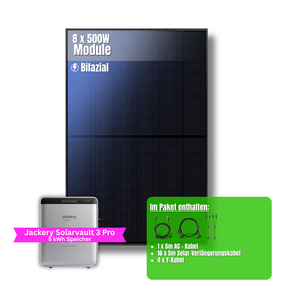 4000W Balkonkraftwerk Jackery mit 5kWh Speicher (8 x 500w Module + 2,52kWh Speicher Solarvault 3 Pro + 2,52kWh Zusatzspeicher)