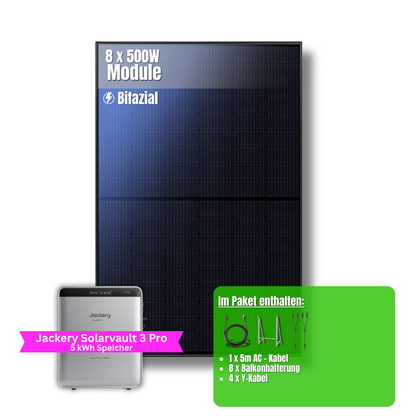 4000W Balkonkraftwerk Jackery mit 5kWh Speicher (8 x 500w Module + 2,52kWh Speicher Solarvault 3 Pro + 2,52kWh Zusatzspeicher)