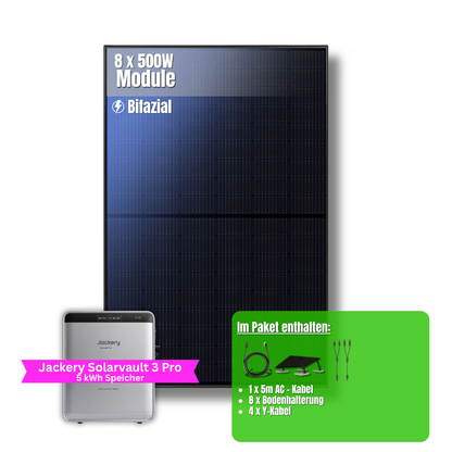 4000W Balkonkraftwerk Jackery mit 5kWh Speicher (8 x 500w Module + 2,52kWh Speicher Solarvault 3 Pro + 2,52kWh Zusatzspeicher)