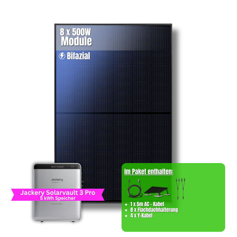 4000W Balkonkraftwerk Jackery mit 5kWh Speicher (8 x 500w Module + 2,52kWh Speicher Solarvault 3 Pro + 2,52kWh Zusatzspeicher)