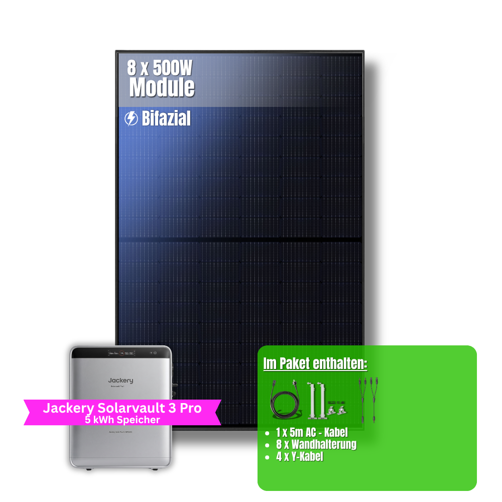 4000W Balkonkraftwerk Jackery mit 5kWh Speicher (8 x 500w Module + 2,52kWh Speicher Solarvault 3 Pro + 2,52kWh Zusatzspeicher)