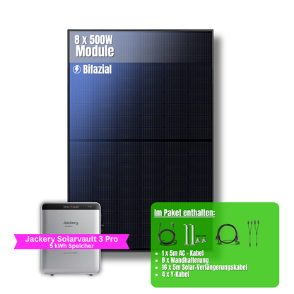 4000W Balkonkraftwerk Jackery mit 5kWh Speicher (8 x 500w Module + 2,52kWh Speicher Solarvault 3 Pro + 2,52kWh Zusatzspeicher)