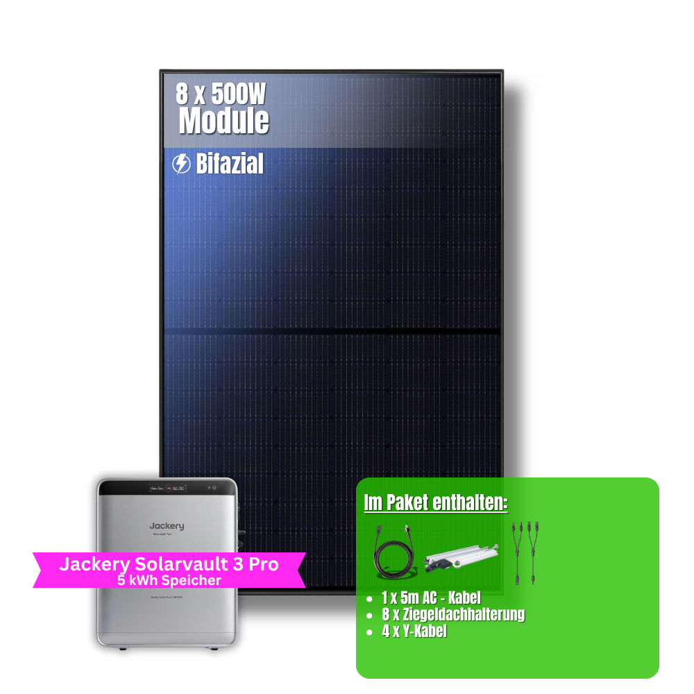 4000W Balkonkraftwerk Jackery mit 5kWh Speicher (8 x 500w Module + 2,52kWh Speicher Solarvault 3 Pro + 2,52kWh Zusatzspeicher)