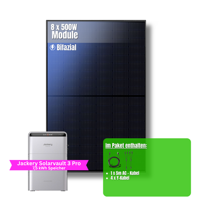 4000W Balkonkraftwerk Jackery mit 7,5kWh Speicher (8 x 500w Module + 2,52kWh Speicher Solarvault 3 Pro + 2 x 2,52kWh Zusatzspeicher)