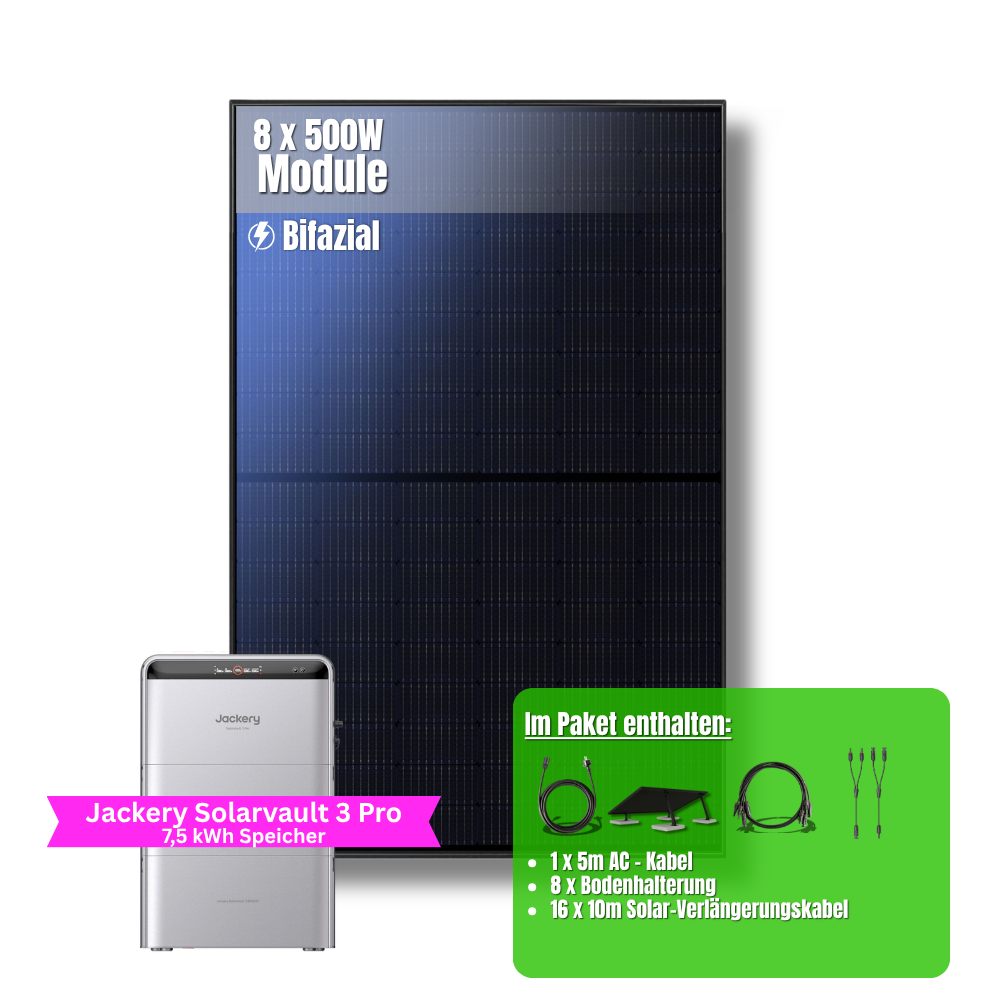 4000W Balkonkraftwerk Jackery mit 7,5kWh Speicher (8 x 500w Module + 2,52kWh Speicher Solarvault 3 Pro + 2 x 2,52kWh Zusatzspeicher)