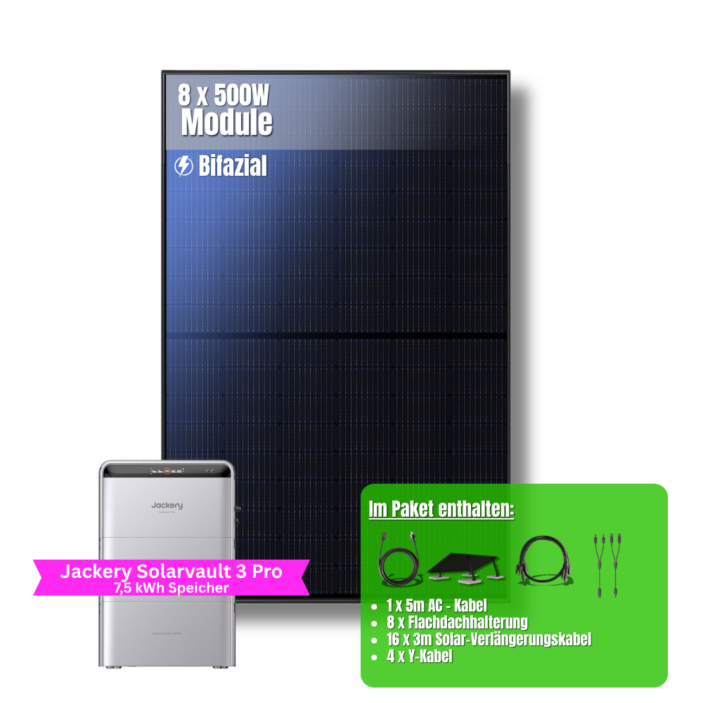 4000W Balkonkraftwerk Jackery mit 7,5kWh Speicher (8 x 500w Module + 2,52kWh Speicher Solarvault 3 Pro + 2 x 2,52kWh Zusatzspeicher)