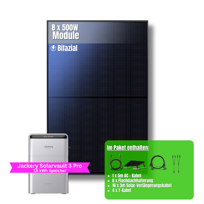 4000W Balkonkraftwerk Jackery mit 7,5kWh Speicher (8 x 500w Module + 2,52kWh Speicher Solarvault 3 Pro + 2 x 2,52kWh Zusatzspeicher)