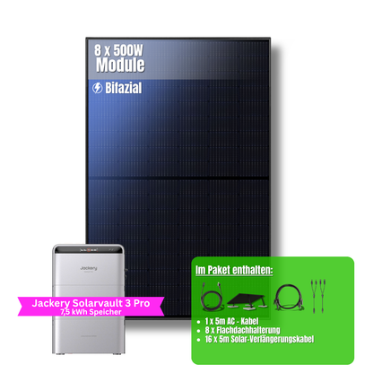 4000W Balkonkraftwerk Jackery mit 7,5kWh Speicher (8 x 500w Module + 2,52kWh Speicher Solarvault 3 Pro + 2 x 2,52kWh Zusatzspeicher)