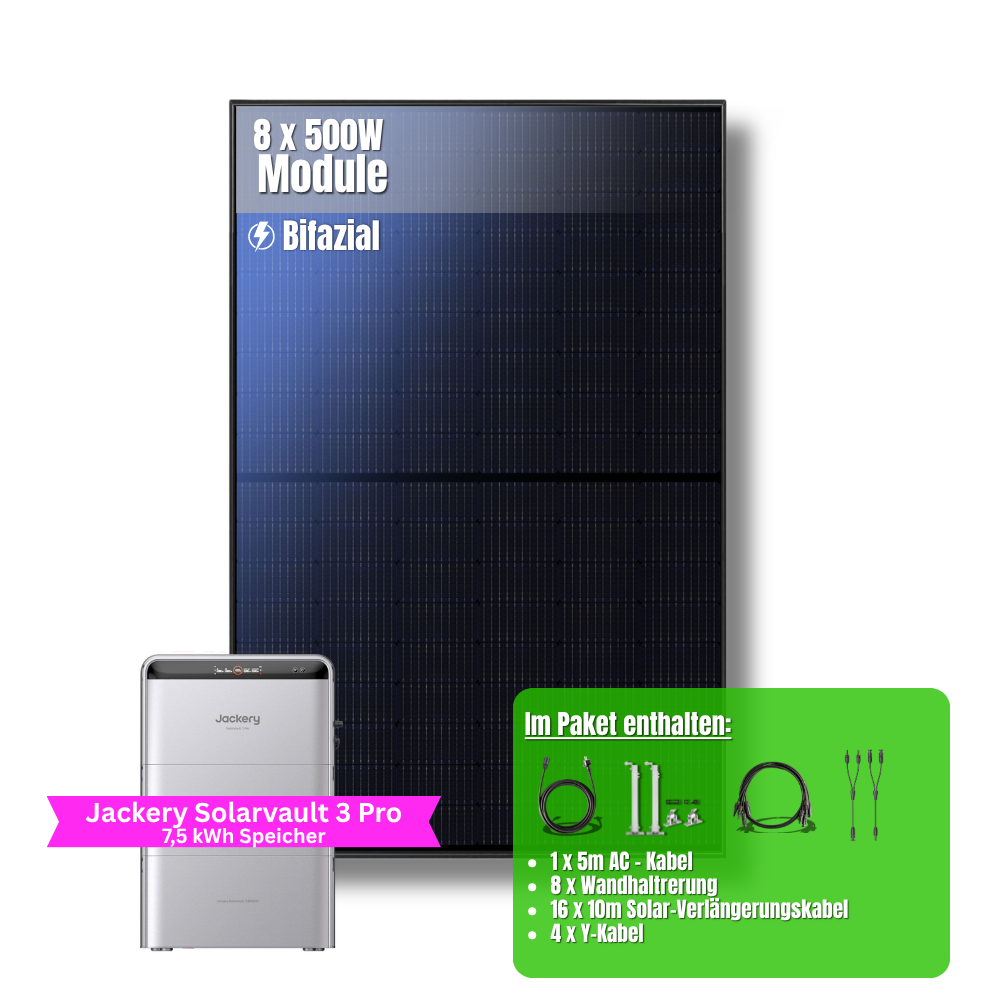 4000W Balkonkraftwerk Jackery mit 7,5kWh Speicher (8 x 500w Module + 2,52kWh Speicher Solarvault 3 Pro + 2 x 2,52kWh Zusatzspeicher)