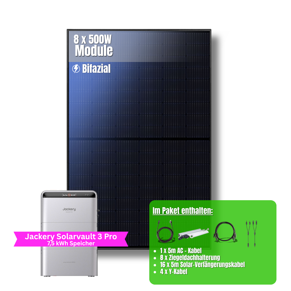 4000W Balkonkraftwerk Jackery mit 7,5kWh Speicher (8 x 500w Module + 2,52kWh Speicher Solarvault 3 Pro + 2 x 2,52kWh Zusatzspeicher)