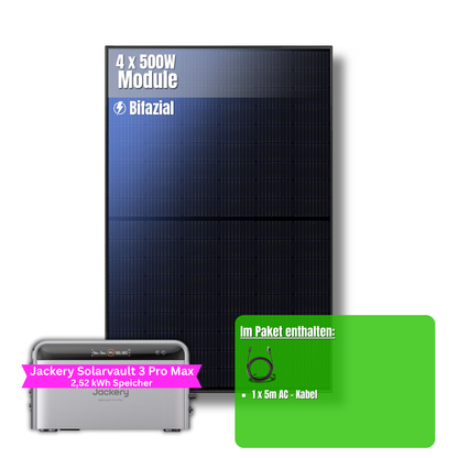 2000W Balkonkraftwerk Jackery mit 2,52kWh Speicher ( 4 x 500w Module + 2,52kWh Speicher Solarvault 3 Pro Max)