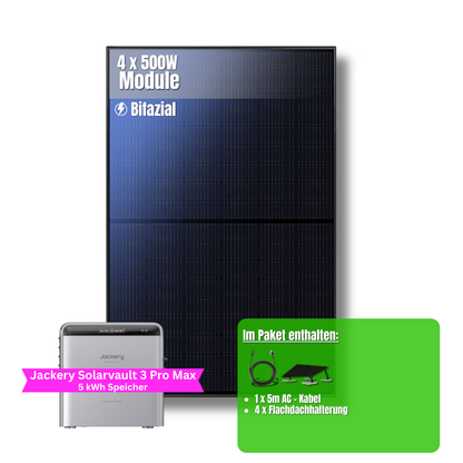 2000W Balkonkraftwerk Jackery mit 5kWh Speicher (4 x 500w Module + 2,52kWh Speicher Solarvault 3 Pro Max + 2,52kWh Zusatzspeicher)