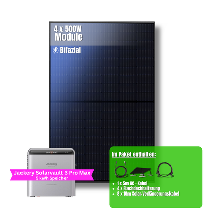 2000W Balkonkraftwerk Jackery mit 5kWh Speicher (4 x 500w Module + 2,52kWh Speicher Solarvault 3 Pro Max + 2,52kWh Zusatzspeicher)