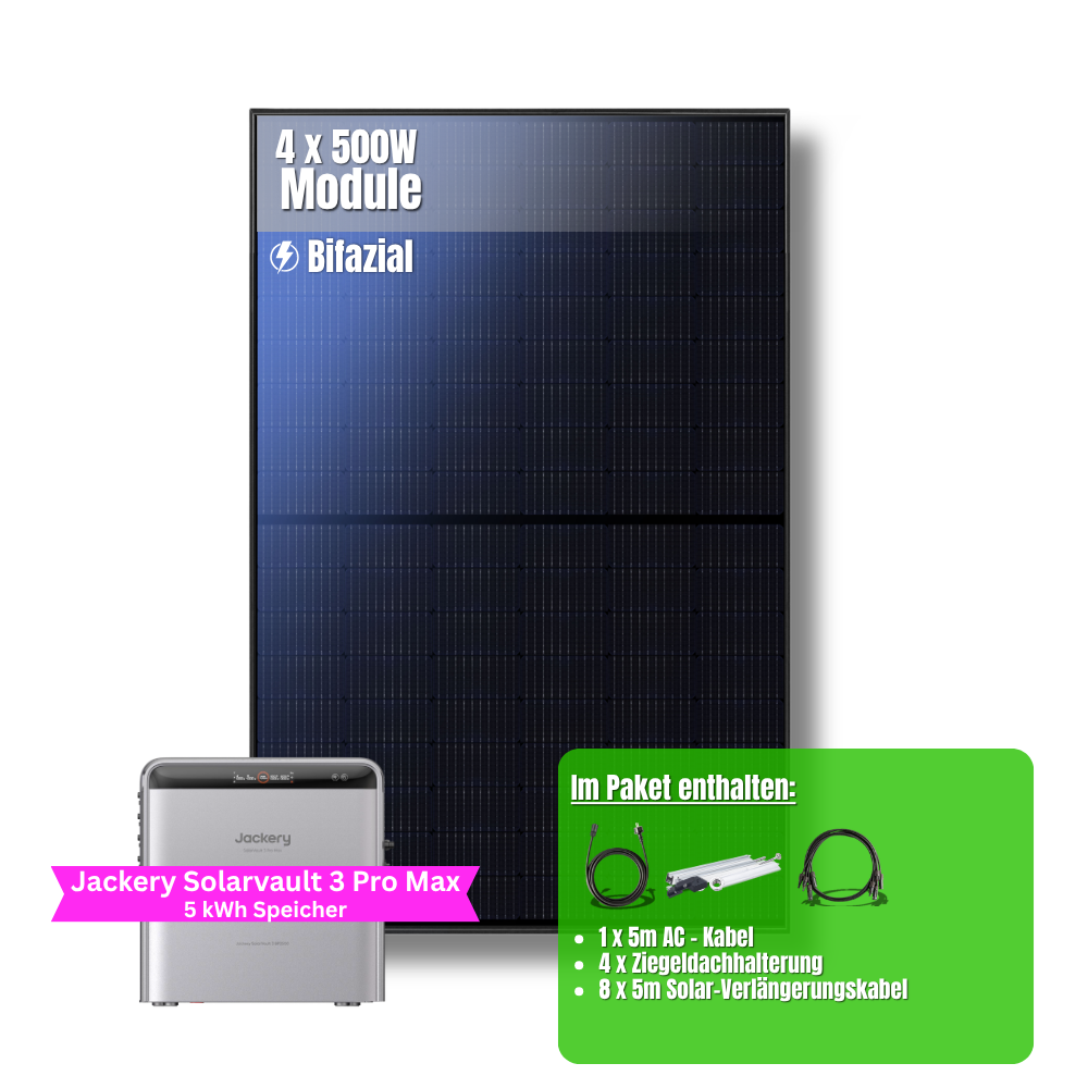 2000W Balkonkraftwerk Jackery mit 5kWh Speicher (4 x 500w Module + 2,52kWh Speicher Solarvault 3 Pro Max + 2,52kWh Zusatzspeicher)