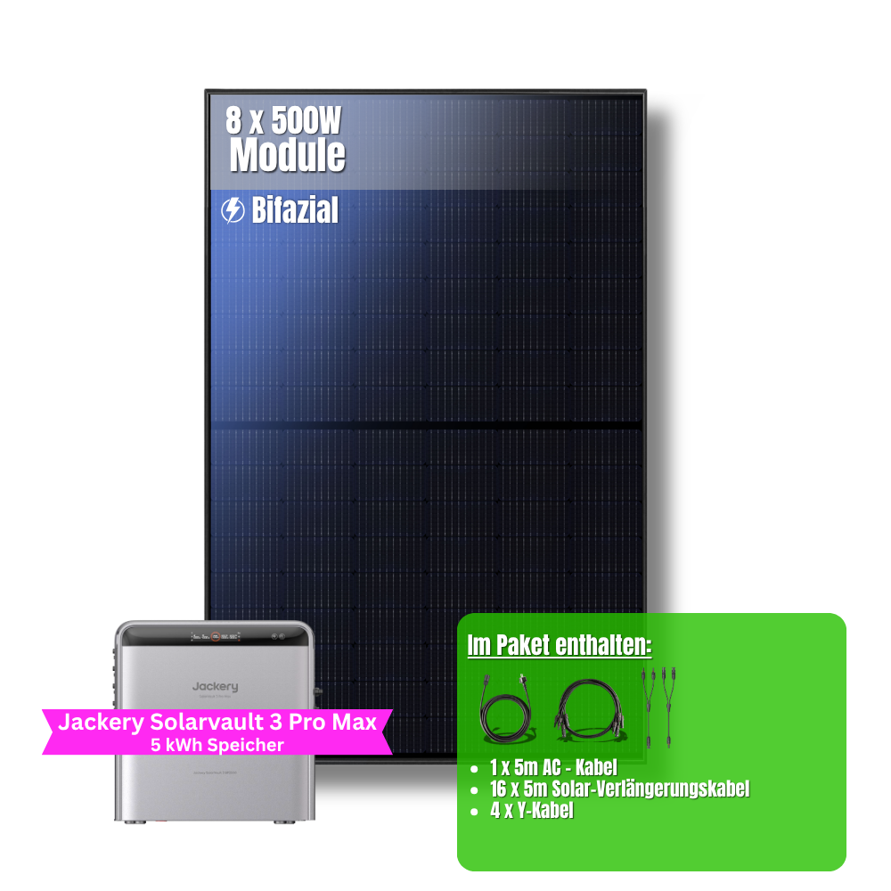 4000W Balkonkraftwerk Jackery mit 5kWh Speicher (8 x 500w Module + 2,52kWh Speicher Solarvault 3 Pro Max + 2,52kWh Zusatzspeicher)