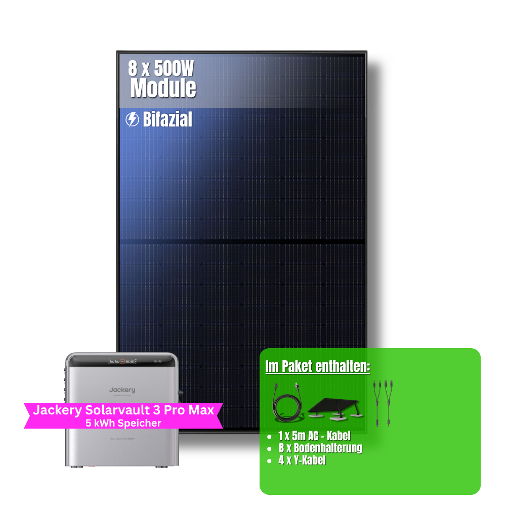 4000W Balkonkraftwerk Jackery mit 5kWh Speicher (8 x 500w Module + 2,52kWh Speicher Solarvault 3 Pro Max + 2,52kWh Zusatzspeicher)
