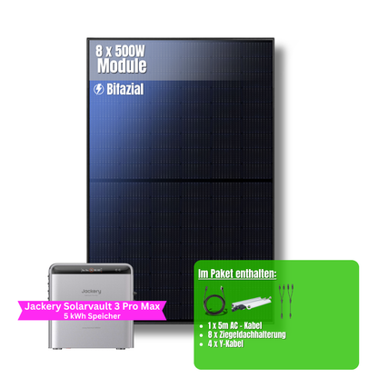 4000W Balkonkraftwerk Jackery mit 5kWh Speicher (8 x 500w Module + 2,52kWh Speicher Solarvault 3 Pro Max + 2,52kWh Zusatzspeicher)