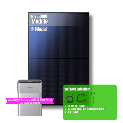 4000W Balkonkraftwerk Jackery mit 7,5kWh Speicher (8 x 500w Module + 2,52kWh Speicher Solarvault 3 Pro Max + 2 x 2,52kWh Zusatzspeicher)