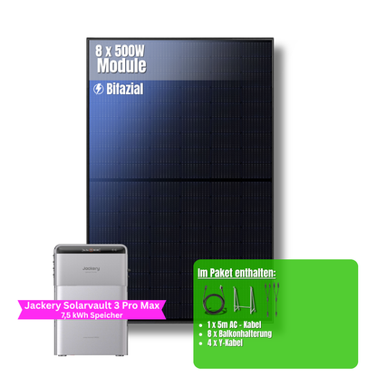 4000W Balkonkraftwerk Jackery mit 7,5kWh Speicher (8 x 500w Module + 2,52kWh Speicher Solarvault 3 Pro Max + 2 x 2,52kWh Zusatzspeicher)